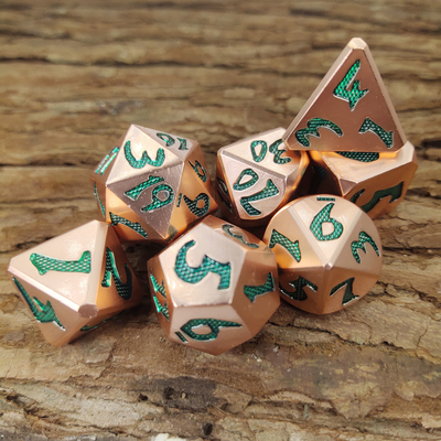Aşınmaya Dayanıklı Özel Metal Zar Çokyüzlü Yedi Zar RPG Bakır malzeme Yeşil